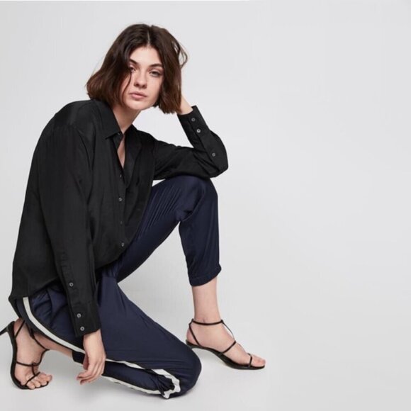 EUC Zara navy blue satin-like jogger trackpants with racer stripes, S - Picture 5 of 10